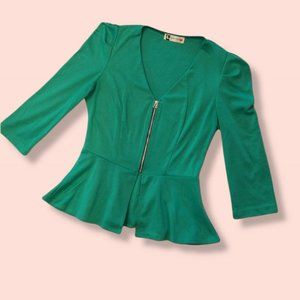 Kelly Green Peplum Top w/ Front Zipper & Puff Sleeves